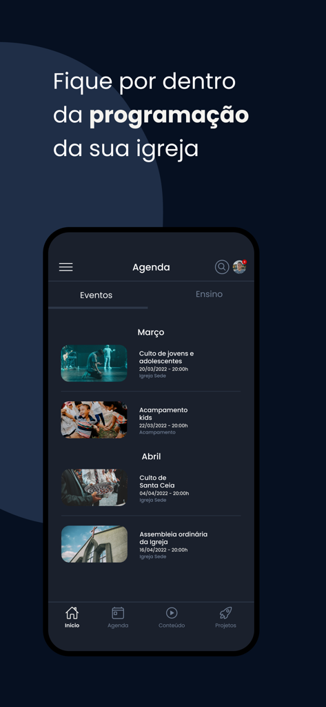 Plena Mosaico - Pantalla de smartphone mostrando el calendario y la agenda de eventos de la iglesia en la aplicación Plena Mosaico