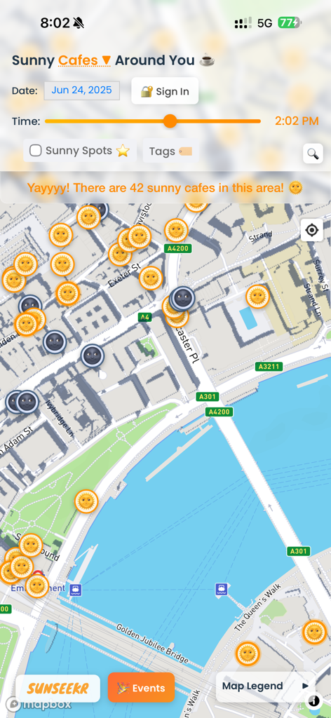 SunSeekr app map interface showing real-time sunny cafe locations in a city.