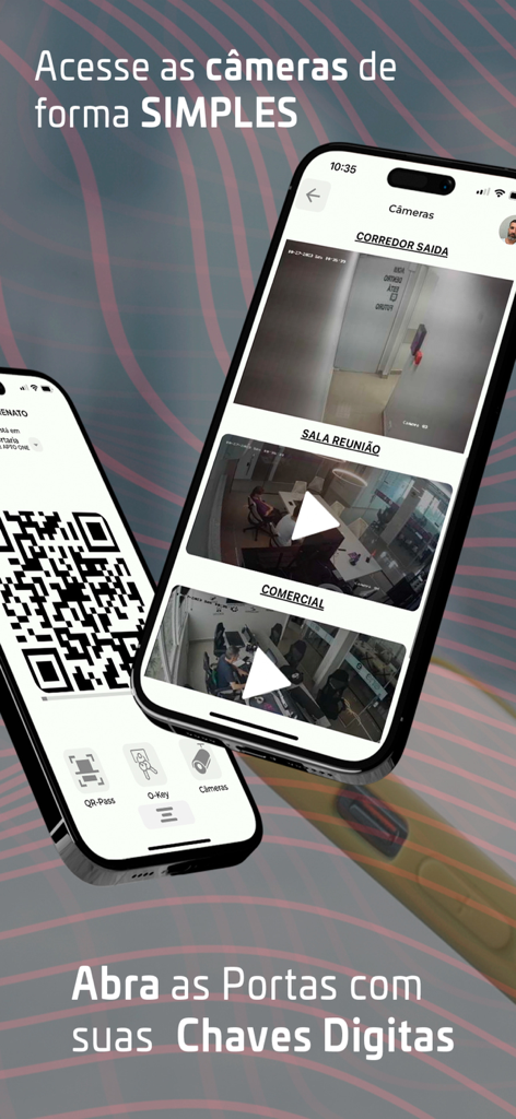 Simples Acesso - Simples Acesso app interface showing digital QR code keys and security camera monitoring on iPhone screens