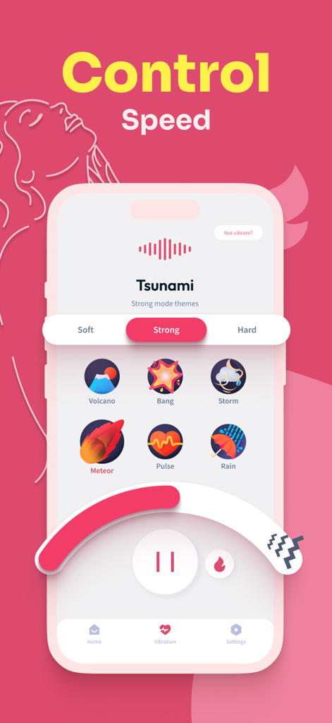 Écran de l'application mobile pour contrôler la vitesse de vibration et sélectionner des motifs pour le massage et la relaxation.