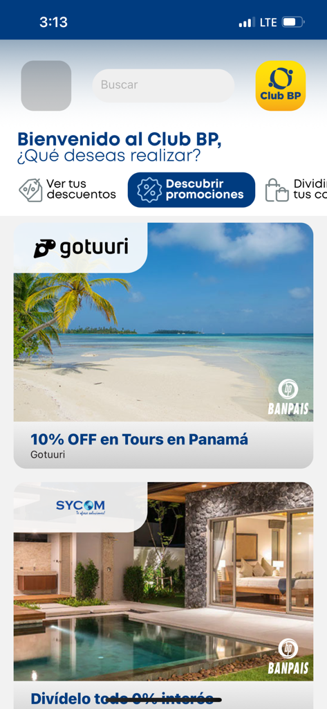 Club BP - Pantalla de inicio de la aplicación móvil Club BP que muestra opciones de descuentos de viaje y promociones de tarjetas de crédito