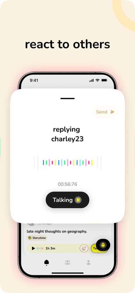 Hear Me Out - Social Audio - A mobile interface for recording a voice reply to another user in the Hear Me Out social audio app.