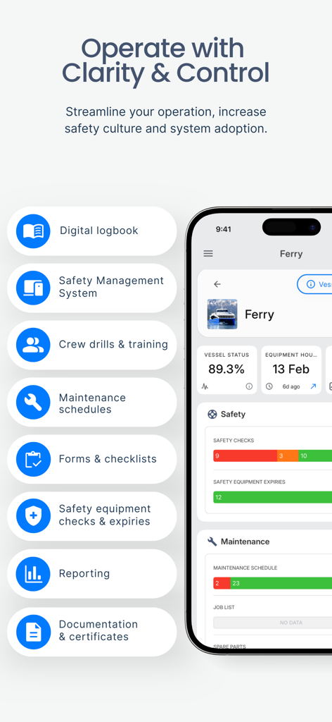 Sea-Flux - Interface de l'application mobile Sea-Flux montrant le tableau de bord du navire et les fonctionnalités de gestion maritime telles que les vérifications de sécurité et les plannings de maintenance