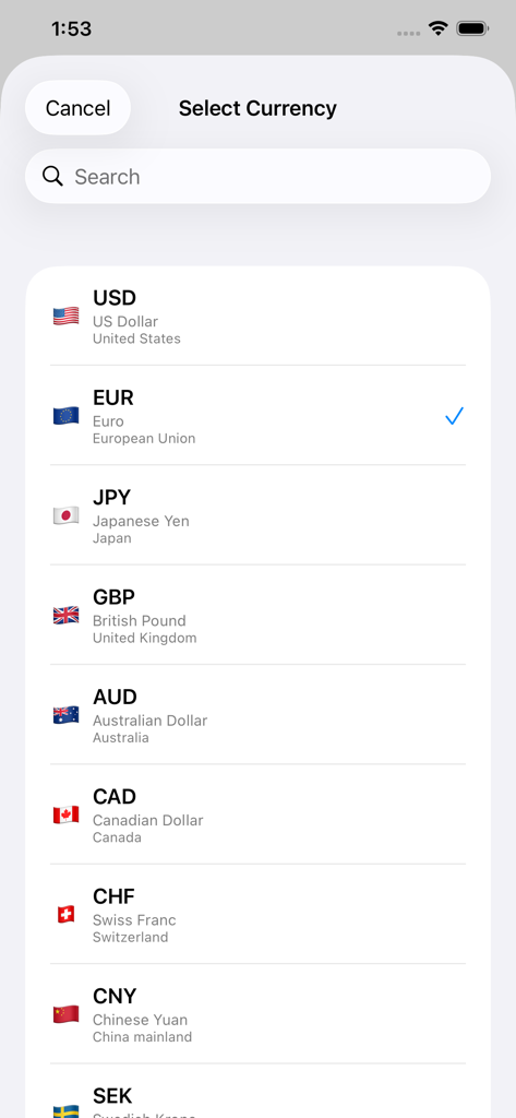Basic Currency Converter - A currency selection screen in the Basic Currency Converter app showing a list of global currencies like USD and EUR with their flags