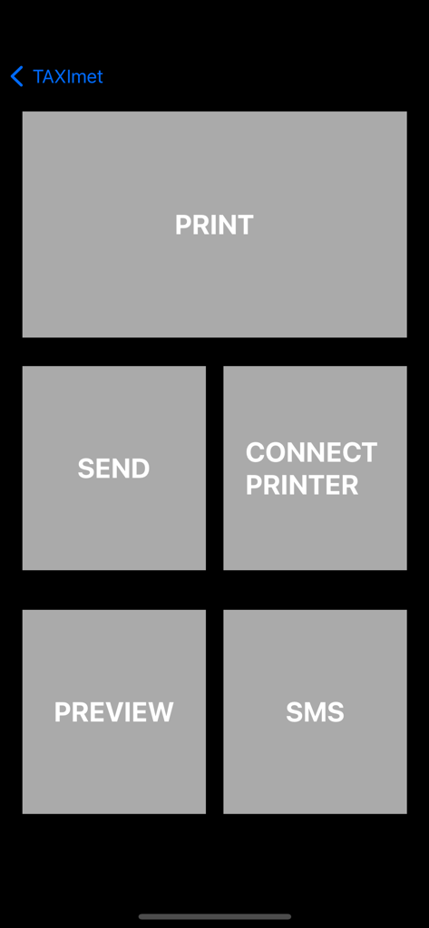 TAXImet - Taximeter - TAXImet app interface showing buttons for printing sending and previewing trip bills