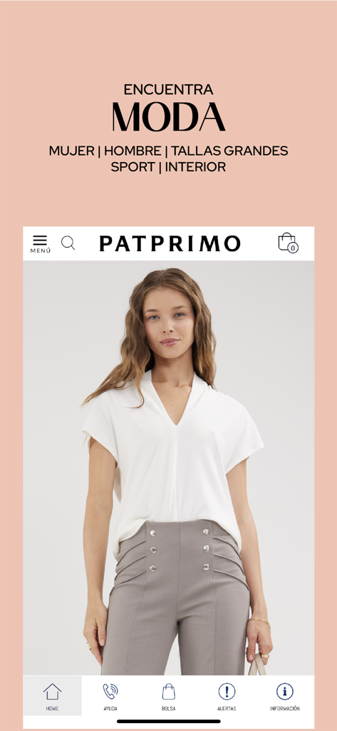 Patprimo mobile app screen showing a woman in elegant clothing with fashion category options in Spanish.