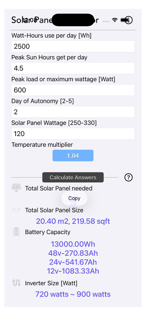 Solar Panel Calculator Plus - Solarrechner Plus App, die Anforderungen für netzunabhängige Systeme für Panels, Batterien und Wechselrichtergrößen anzeigt.