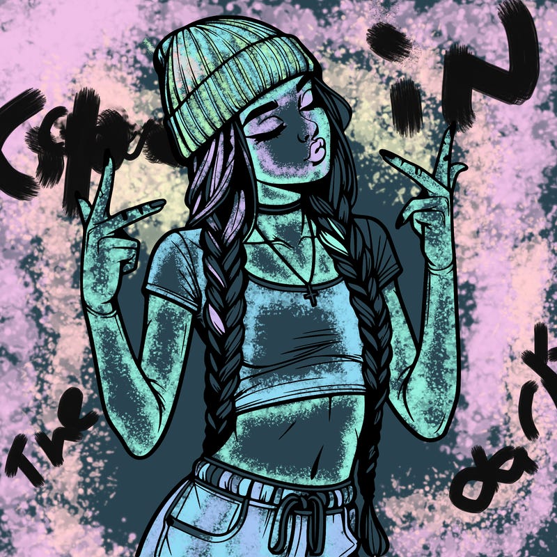realistic teenage girl with braids and a beanie and crop top doing 🫶🏼
