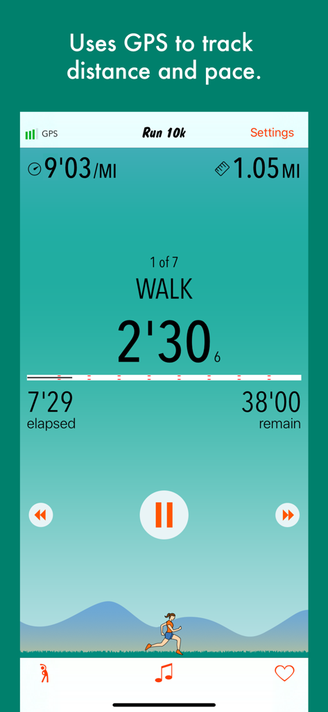 Run 10k - couch to 10k program - Run 10k app interface showing pace, distance, and a walking interval timer with GPS tracking enabled.