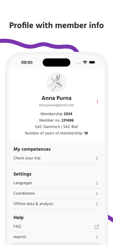 SAC – Swiss Alpine Club - Interfaz de perfil de usuario de la aplicación SAC Swiss Alpine Club mostrando detalles de membresía y configuración