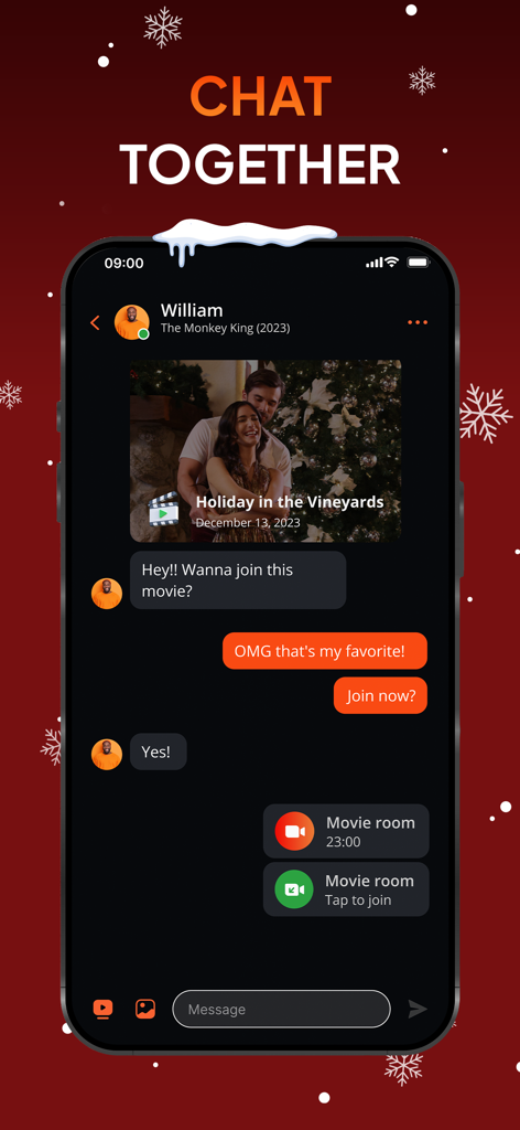 Screenshot of the Minu app chat interface showing users organizing a movie watch party