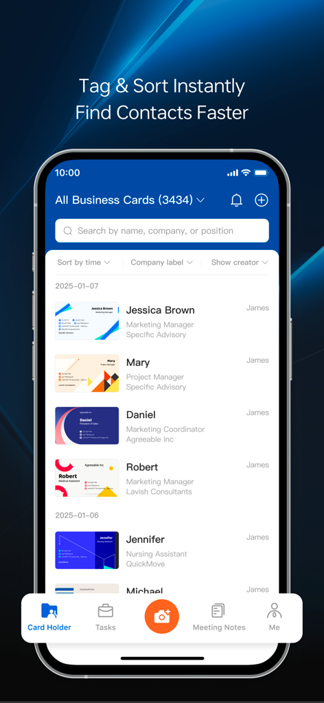 A list of digital business cards in the CamCard Business mobile application