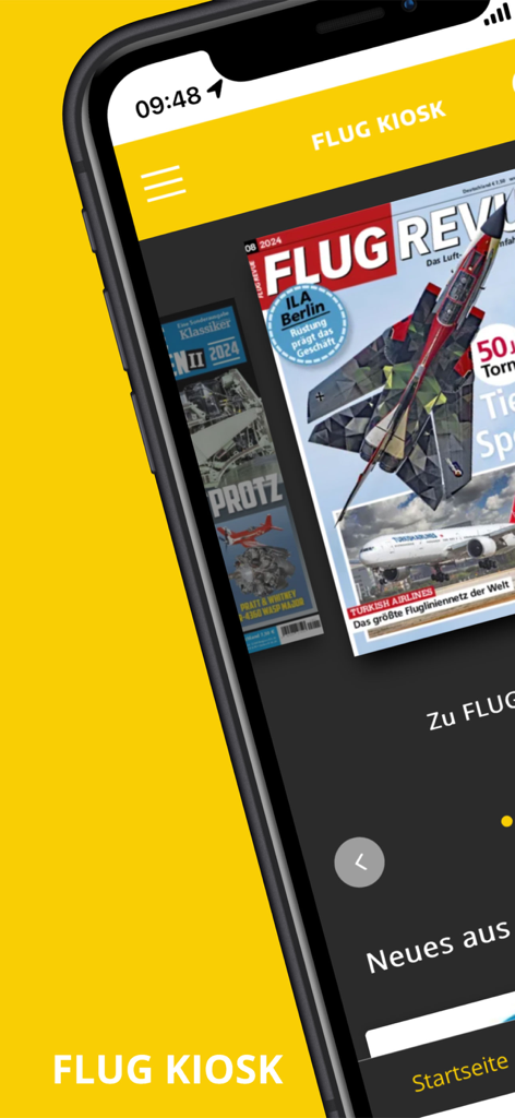 Flug Kiosk - Flug Kiosk app interface showing aviation magazine covers on a smartphone