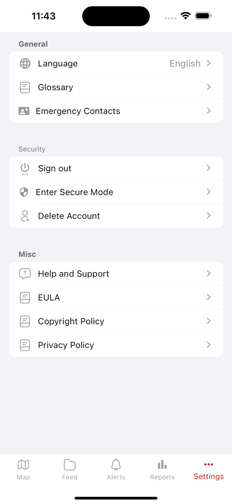 Situational Awareness Mobile - Settings screen of the Situational Awareness Mobile app showing general security and miscellaneous options
