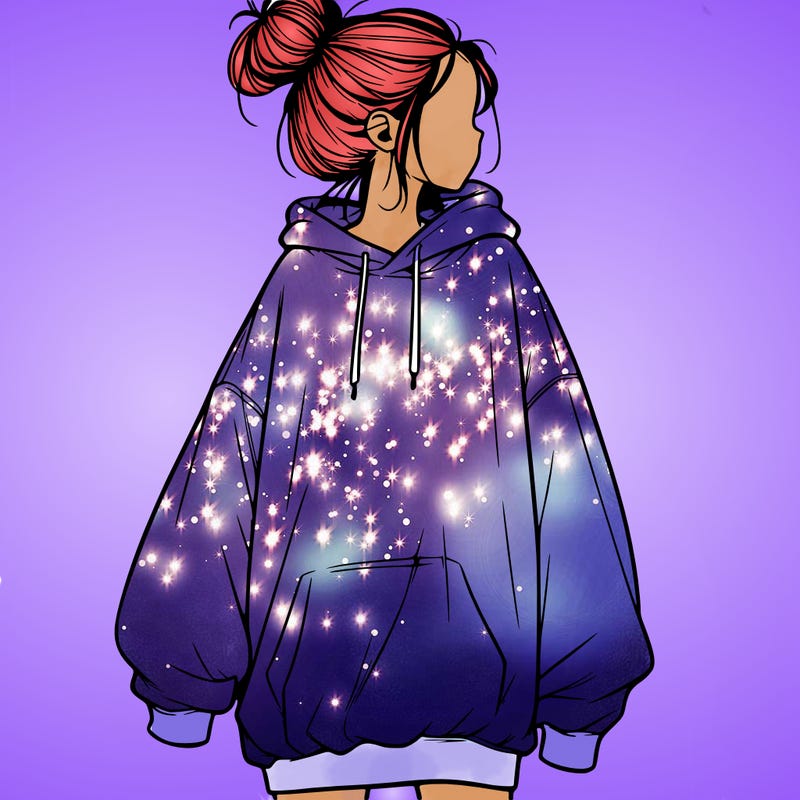 realistic girl with a oversized sweatshirt on and a bun