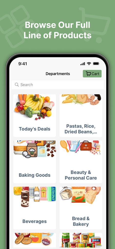 Pines Pantry mobile app showing grocery departments and product categories