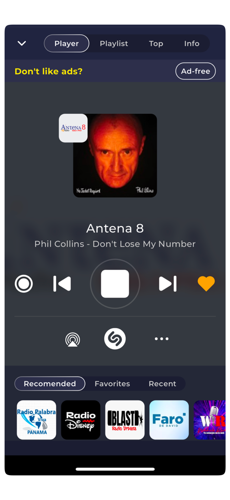 Panama Radio Live FM & AM - Music player screen of the Panama Radio Live app featuring the station Antena 8