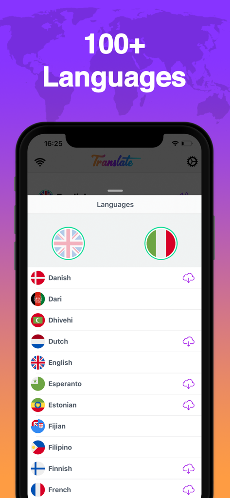 Translator » - A mobile phone screen showing a list of over 100 available languages for translation with their respective country flags