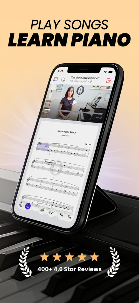 Learn Piano – OKTAV - A smartphone showing the OKTAV app with a video lesson and digital sheet music on a piano keyboard