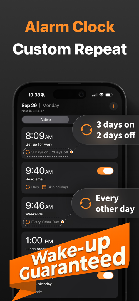 Alarm Clock - 불규칙한 일정을 위한 사용자 정의 반복 옵션을 보여주는 알람 시계 앱 화면