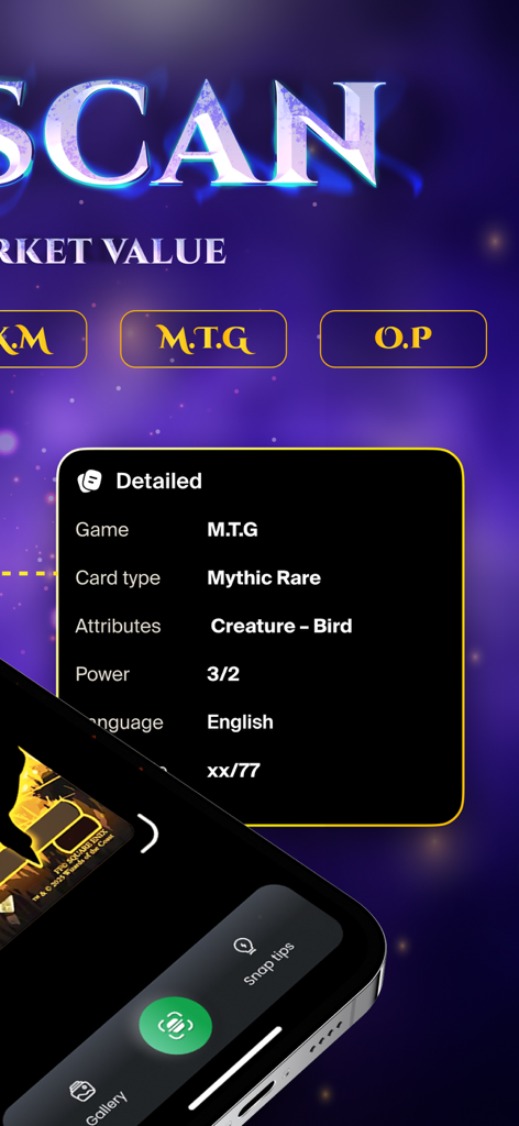 TCGScan - Poke Card Scanner - TCGScan app interface showing detailed Magic The Gathering card information including rarity and creature stats