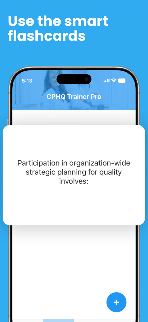 CPHQ Trainer Pro - Captura de tela do aplicativo CPHQ Trainer Pro mostrando um flashcard de estudo para planejamento estratégico de qualidade em saúde.