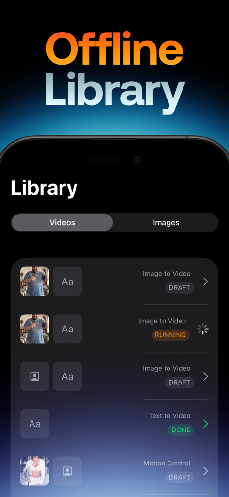 Swap Cast: AI Video - Una captura de pantalla de la aplicación Swap Cast AI Video que muestra la biblioteca sin conexión con borradores de proyectos de vídeo y sus estados.