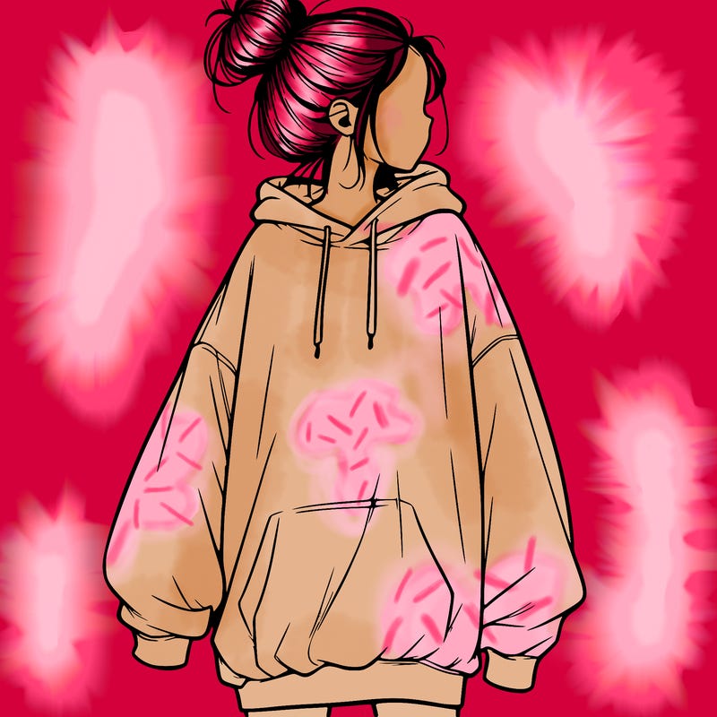 realistic girl with a oversized sweatshirt on and a bun