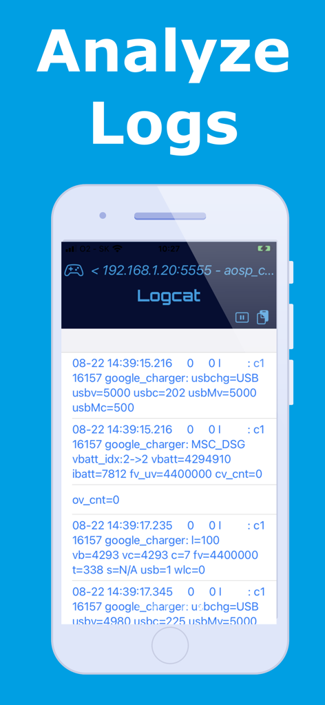 Bugjaeger - Mobile ADB - Bugjaeger app interface showing real-time Android Logcat logs on an iPhone for remote debugging