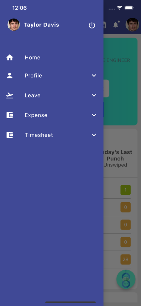 Side navigation menu of the Pocket HRMS mobile app showing profile leave and timesheet options