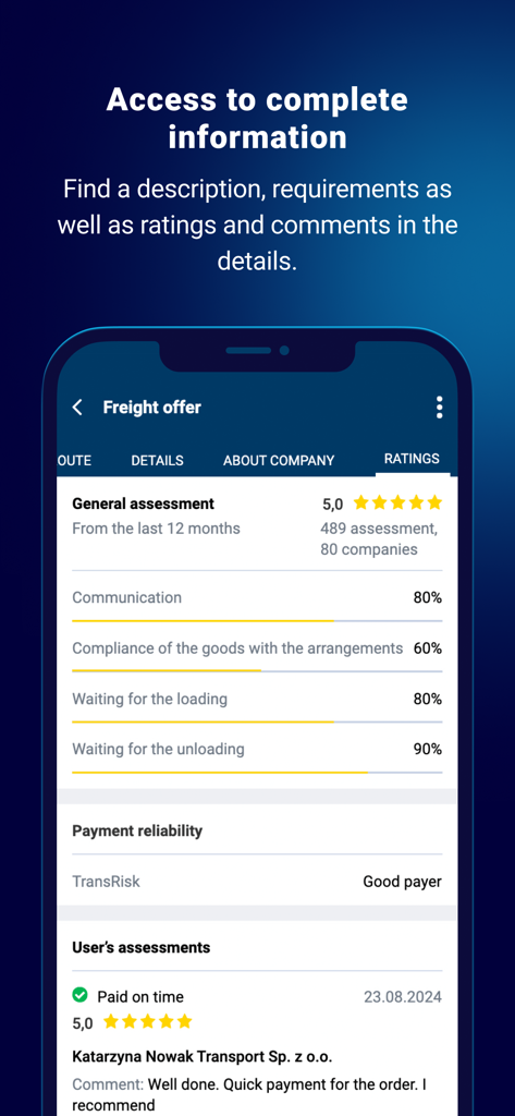 Loads2GO - Loads2GO app screen showing detailed company assessments and payment reliability for freight offers
