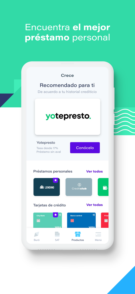 Zenfi - Interfaccia dell'app Zenfi che mostra raccomandazioni personalizzate di prestiti e carte di credito per la gestione finanziaria messicana.