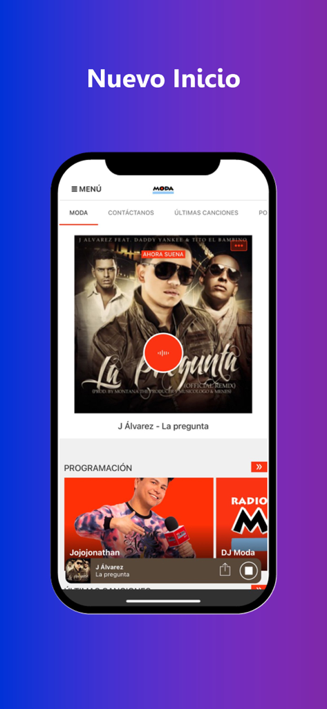Oigo – Radios fm, podcasts - Interfaz de la aplicación Oigo que muestra la pantalla de inicio de la radio Moda con una canción sonando y el horario de programación