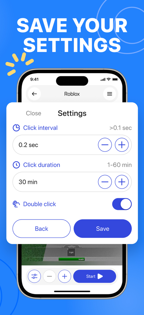 Una pantalla de smartphone mostrando el menú de configuración de Auto Clicker con opciones para el intervalo y la duración de los clics sobre una interfaz de juego