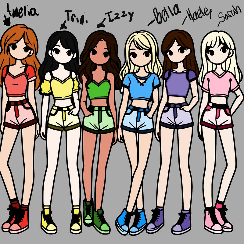 a group of girls wearing crop tops and shorts