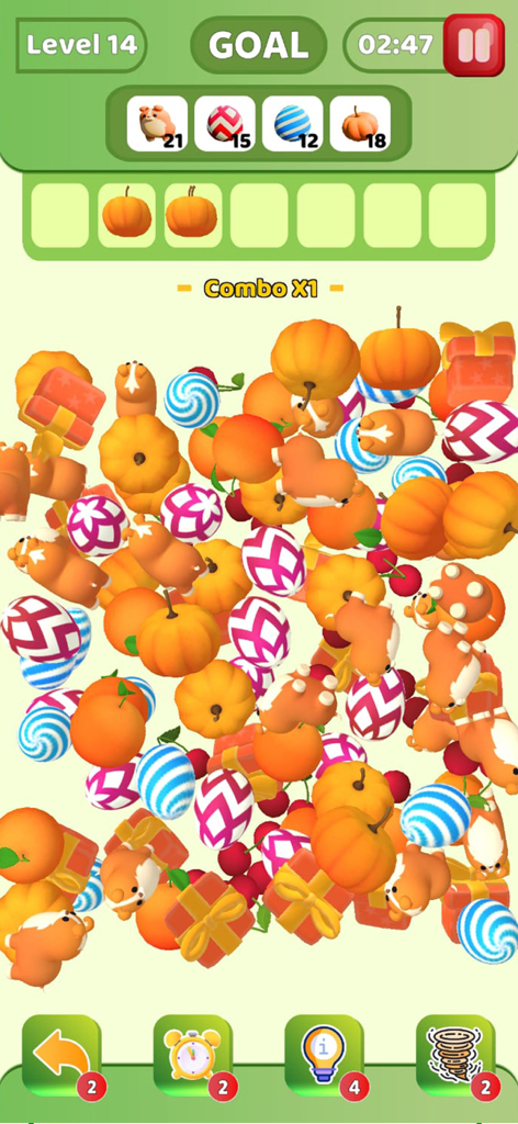 Triple Match 3D Toy Blast Game - Una pantalla de juego de Triple Match 3D Toy Blast que muestra una pila de objetos 3D coloridos y objetivos de combinación