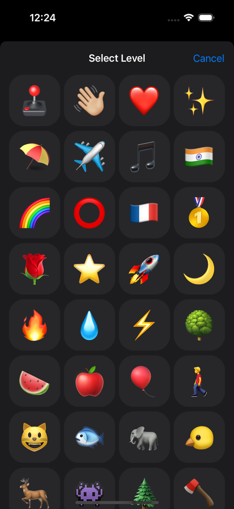 핑퐁 워치 레트로 게임의 다양한 이모티콘 테마 게임 레벨을 보여주는 레벨 선택 화면