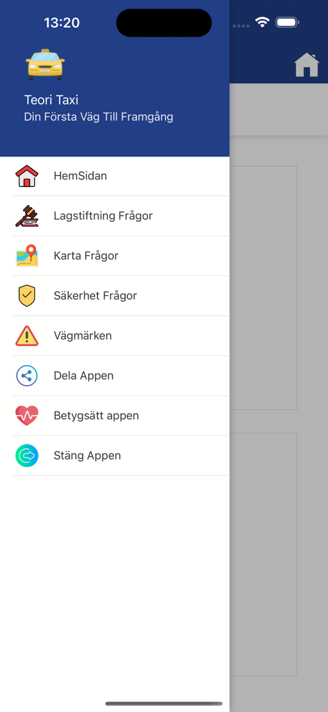 Teori Taxi Frågor - Seitennavigationsmenü der Teori Taxi App mit Studienkategorien für Gesetzgebung, Kartografie und Sicherheit