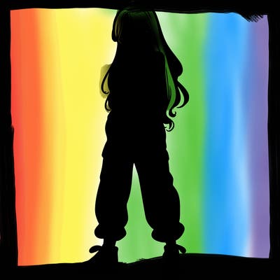 girl in baggy pants crop top and long hair