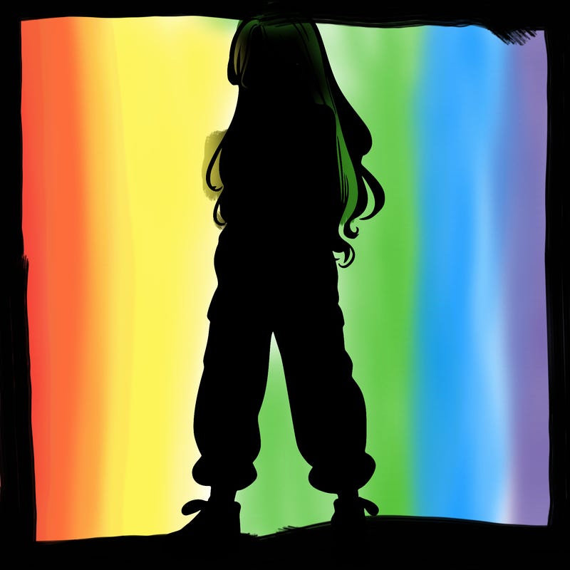 girl in baggy pants crop top and long hair