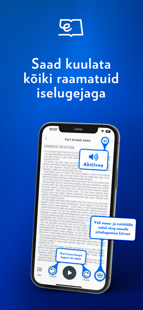 Elisa Raamat - Smartphone screen showing the Elisa Raamat app with audio reader controls for listening to e-books.