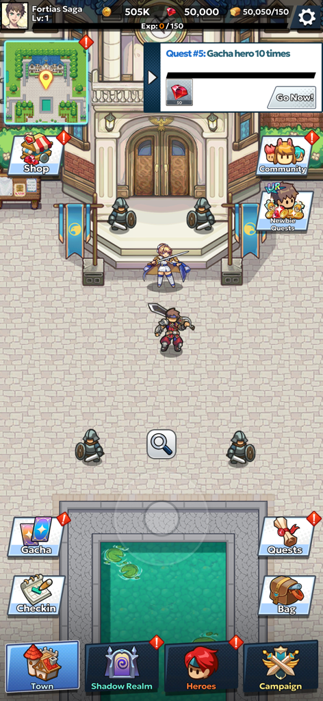 Fortias Saga: Idle RPG - Main town lobby of Fortias Saga Idle RPG showing pixel art characters and game menus