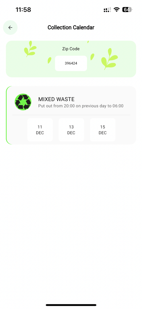Schermata del calendario di raccolta dell'app Just Go Zero che mostra le date e gli orari imminenti del ritiro di rifiuti misti per un determinato CAP