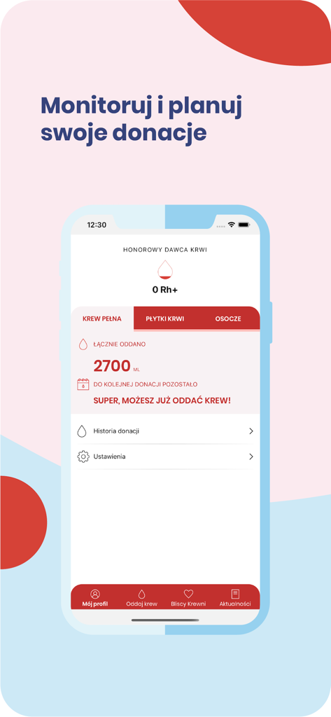 Bliscy Krewni - Mobile app screen for Bliscy Krewni showing blood donor profile and total donation history