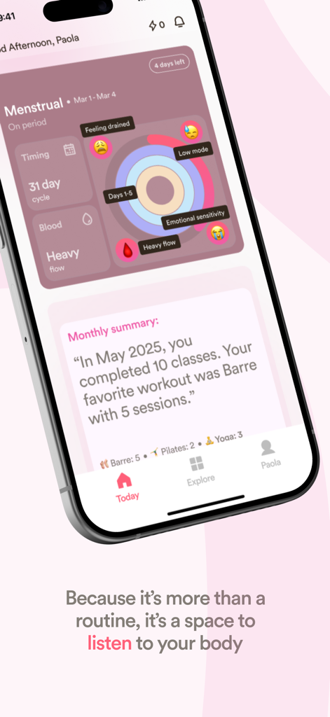 Ova: Move with Your Cycle - Ova app dashboard showing menstrual phase tracking and monthly fitness summary