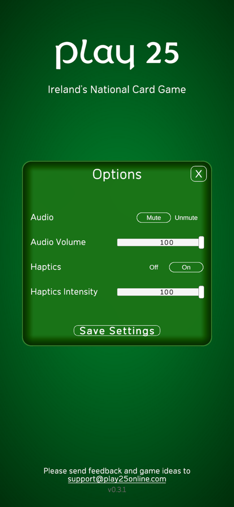 Options menu in the Play 25 card game app for adjusting audio and haptics