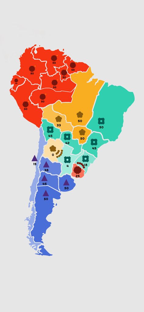 Mapa táctico minimalista de América del Sur en State.io que muestra territorios divididos por colores con números de tropas