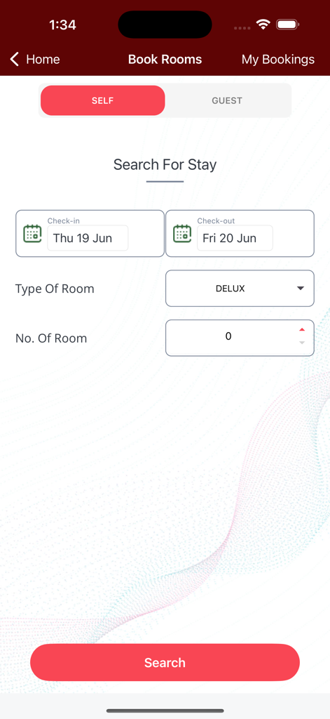 Interface de l'application Calcutta Club pour rechercher et réserver des chambres d'hôtes.