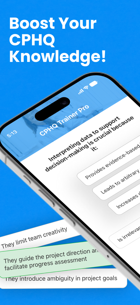 CPHQ Trainer Pro - Tela do aplicativo móvel CPHQ Trainer Pro exibindo uma questão de teste prático de qualidade em saúde com opções de múltipla escolha.