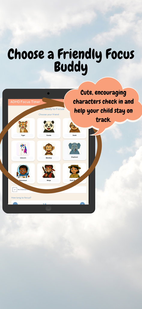 ADHD Focus Timer - A tablet screen showing various friendly character buddies like a sloth and astronaut to help children stay on track in the ADHD Focus Timer app.